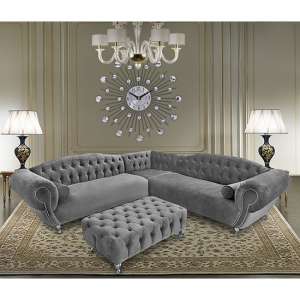 Huron Malta Plush Velour Fabric Corner Sofa In Grey