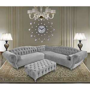 Huron Malta Plush Velour Fabric Corner Sofa In Silver