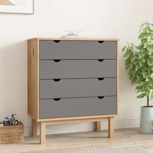 Ieva Solid Pine Wood Wide Chest Of 4 Drawers In Brown And Grey