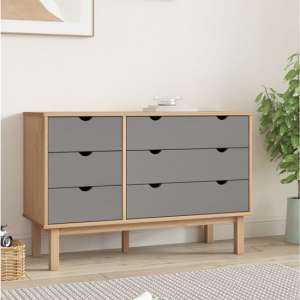 Ieva Solid Pine Wood Wide Chest Of 6 Drawers In Brown And Grey