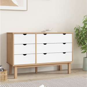 Ieva Solid Pine Wood Wide Chest Of 6 Drawers In Brown And White