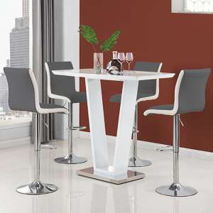 Ilko High Gloss Bar Table In White With 4 Ritz Grey White Stools
