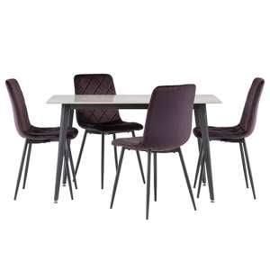 Inbar 130cm Grey Marble Dining Table 4 Basia Aubergine Chairs