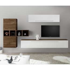 Infra Wall TV Unit And Shelves In White Gloss And Dark Walnut