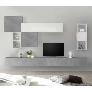 Infra Wall TV Unit And Shelves In Cement Effect And White Gloss