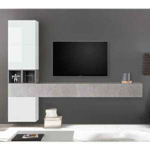 Infra Wall TV Unit In White High Gloss And Cement Effect