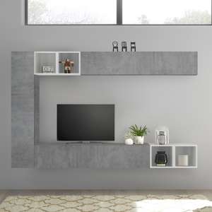 Infra White Gloss Wall TV Unit In Cement Effect With 4 Shelves