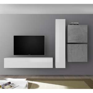 Infra Wall TV Unit And Storage In White Gloss And Cement Effect