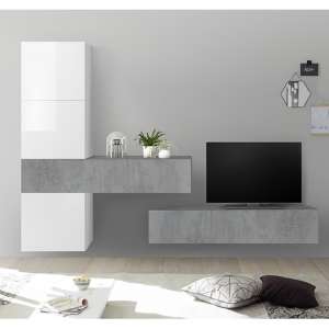 Infra Wall TV Unit With Storage In White Gloss And Cement Effect