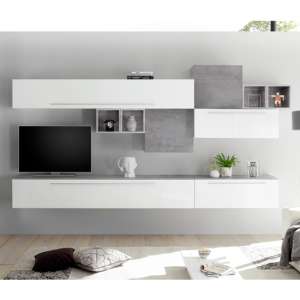 Infra TV Wall Unit In White High Gloss And Cement Effect
