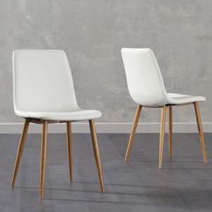 Hemlock White Leather Dining Chairs With Wooden Legs In A Pair