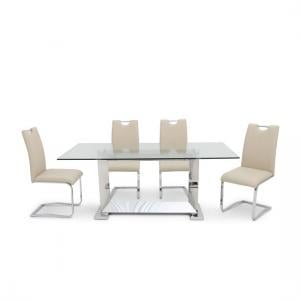 Invictus Glass Dining Table In Clear With 6 Caleb Cream Chairs