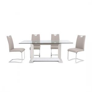 Invictus Glass Dining Table In Clear With 6 Caleb Taupe Chairs
