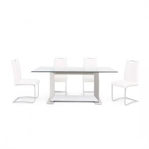 Invictus Glass Dining Table In Clear With 6 Caleb White Chairs