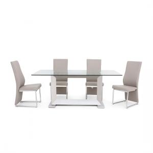 Invictus Glass Dining Table In Clear With 6 Riga Taupe Chairs