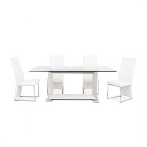 Invictus Glass Dining Table In Clear With 6 Riga White Chairs