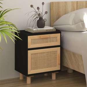 Alfy Wooden Bedside Cabinet In Black And Natural Rattan