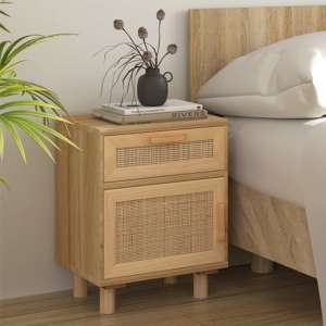 Alfy Wooden Bedside Cabinet In Brown And Natural Rattan