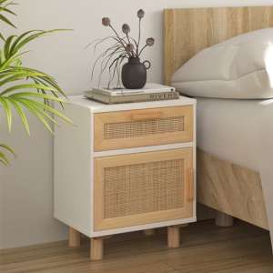 Alfy Wooden Bedside Cabinet In White And Natural Rattan