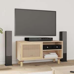 Alfy Wooden TV Stand With 1 Door In Brown And Natural Rattan