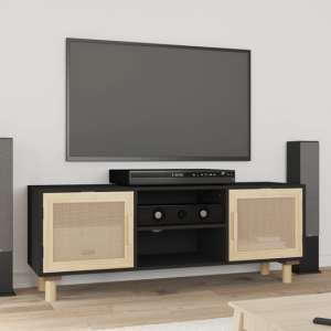 Alfy Wooden TV Stand With 2 Door In Black And Natural Rattan