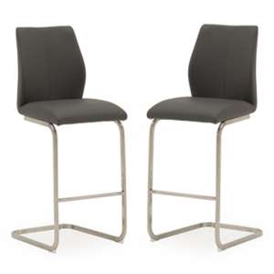 Irma Grey Faux Leather Bar Chairs With Steel Legs In Pair