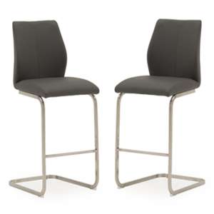 Irmak Grey Leather Bar Chairs With Steel Frame In Pair