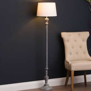 Ithacans Wooden Floor Lamp In Grey With Beige Linen Shade
