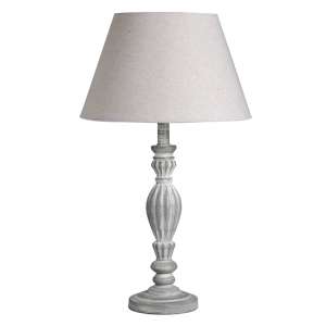 Ithacans Wooden Table Lamp In Grey With Beige Linen Shade