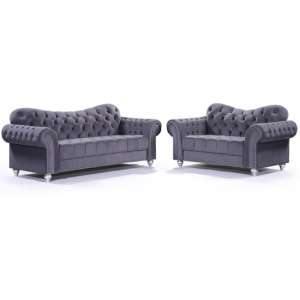 Jalen Plush Velvet 3 Seater And 2 Seater Sofa In Grey