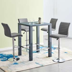 Jam Square Grey Glass Bar Table With 4 Ripple Grey Stools
