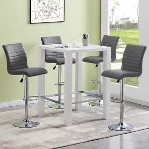 Jam Square White Glass Bar Table With 4 Ripple Grey Stools