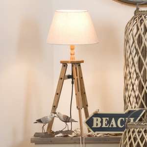 Jerkins Wooden Tripod Table Lamp In Brown With Beige Linen Shade