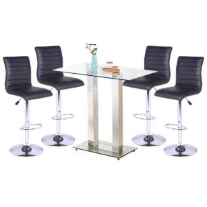 Jet Clear Glass Top Bar Table With 4 Ripple Black Stools