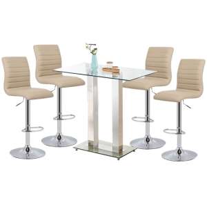 Jet Clear Glass Top Bar Table With 4 Ripple Stone Stools