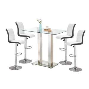 Jet Clear Glass Top Bar Table With 4 Ritz White Black Stools