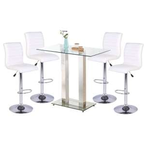 Jet Clear Glass Top Bar Table With 4 Ripple White Stools
