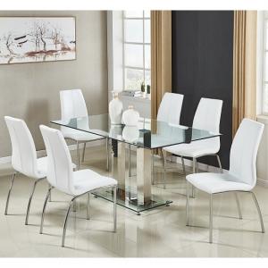 Jet Large Glass Dining Table In Clear And 6 Opal White Chairs