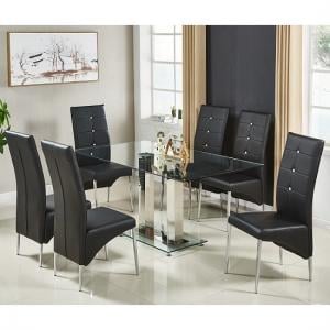 Jet Large Glass Dining Table In Clear And 6 Vesta Black Chairs