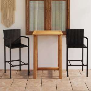 Kairi Outdoor Wooden Bar Table With 2 Black Poly Rattan Stools