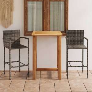 Kairi Outdoor Wooden Bar Table With 2 Grey Poly Rattan Stools