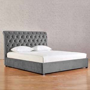 Kalispell Plush Velvet Super King Size Bed In Grey