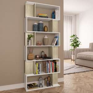 Kalle Wooden Bookcase And Room Divider In Sonoma Oak And White