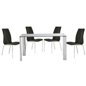 Kecota Clear Glass Dining Table With 4 Black Leather Chairs