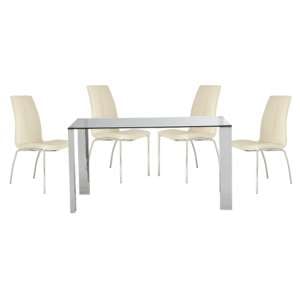 Kecota Clear Glass Dining Table With 4 White Leather Chairs