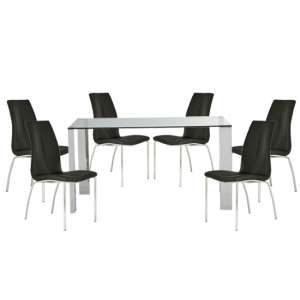 Kansas Clear Glass Dining Table With 6 Black Leather Chairs