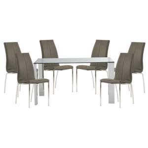 Kansas Clear Glass Dining Table With 6 Grey Leather Chairs