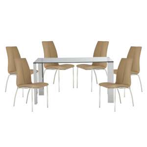 Kansas Clear Glass Dining Table With 6 Stone Leather Chairs