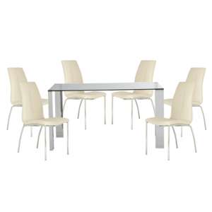 Kansas Clear Glass Dining Table With 6 White Leather Chairs