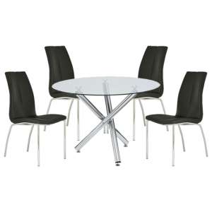 Kansas Round Glass Dining Table With 4 Black Leather Chairs